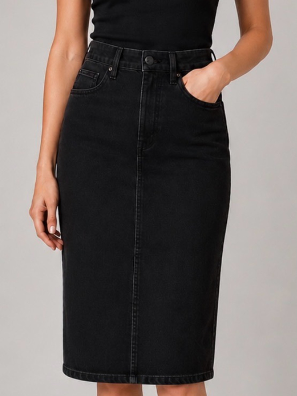 PAIGE Black Denim Midi Pencil Skirt Women’s Size 25 Dark Wash Minimalist
